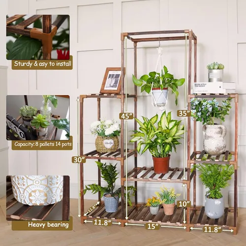 Vista 3 de Uneedem Soporte para plantas para interiores y exteriores, estante alto para múltiples plantas, 8 niveles, 12 macetas, estante grande de madera