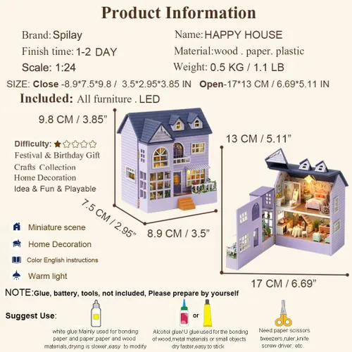 Vista 4 de Spilay Casa de muñecas Kit de muebles de madera en miniatura, mini casa de muñecas hecha a mano con LED, escala 1:24, juguetes creativos para Casa