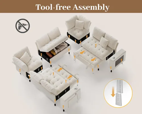 Vista 7 de Vipbear Sofá cama modular de 111 pulgadas, sofá cama modular de 8 asientos con cama extraíble, sofá en forma de L de felpilla con otomana de Beige