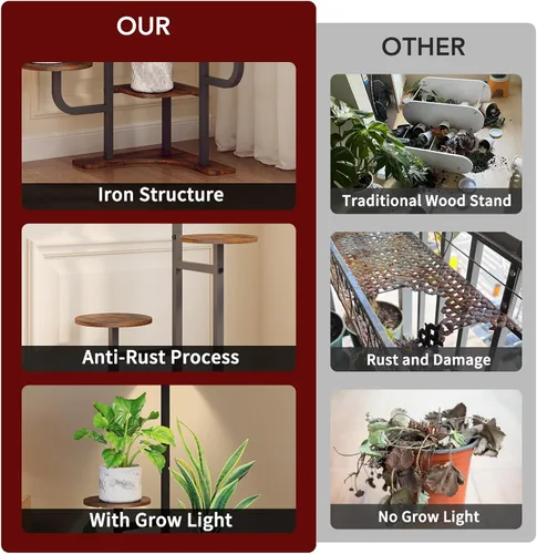 Vista 5 de Homsorout Soporte de esquina para plantas con luz de crecimiento, soporte para plantas de 6 niveles, estante redondo de metal para plantas con luz