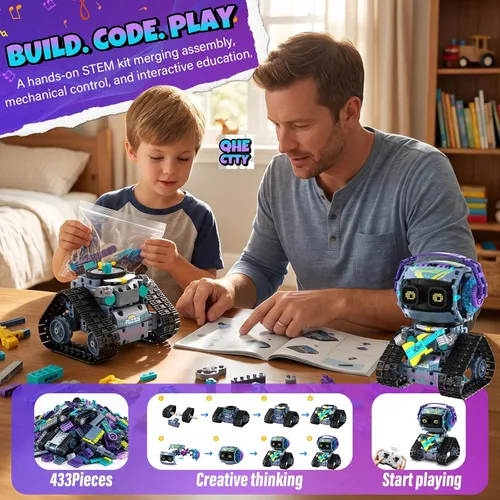 Vista 9 de Kit de construcción de robot STEM, 3 en 1 juguetes robóticos controlados por control remoto y aplicación, set de bloques de construcción de robots