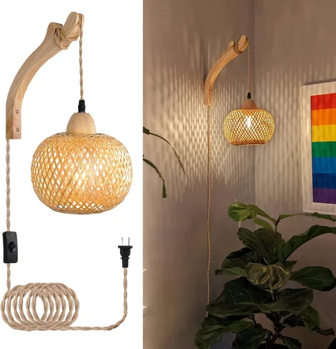 Vista 9 de Frideko Lámpara de Pared de Ratán con Cable de Enchufe Tejida a Mano Apliques de Pared con Enchufe Lámpara de Pared de Cuerda de Papel Aplique