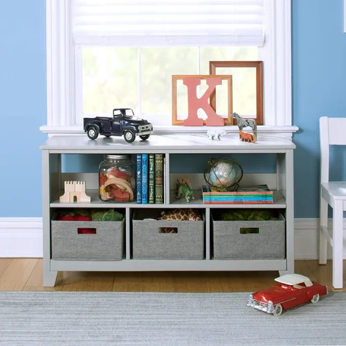 Vista 3 de Martha Stewart Estantería baja para niños (gris) - Organizador de almacenamiento de madera de 24 pulgadas con cubos de tela para sala
