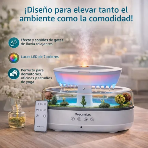 Vista 6 de Dreamlax Rain Humidifiers for Bedroom – Cool Mist Essential Oil Diffuser, White Noise Machine with 10 Nature Sounds, 7 LED Lights, Remote Control &