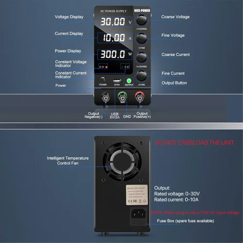 Vista 2 de NICE-POWER Fuente de alimentación CC variable 30V 10A, fuente de alimentación de banco de CC regulada de conmutación ajustable con interruptor