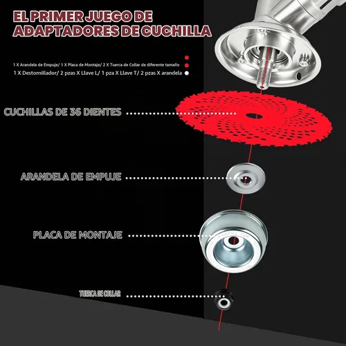 Vista 3 de PLUMIA Cuchillas con punta de carburo de 9" x 36 dientes con kit adaptador universal, para desbrozadora, recortadora, cortadora de hierba