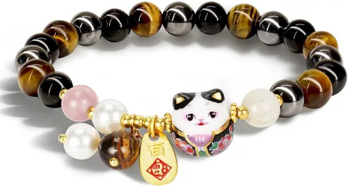Vista 7 de Pulsera de gato de la suerte Feng Shui, joyería de buena suerte para mujer, protección de riqueza y fortuna, pulseras de cristal de piedras