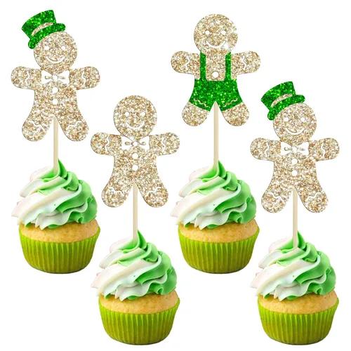 Vista 21 de Gyufise 24 piezas Adornos de pastel para revelación de género de Navidad con purpurina, sombrero navideño de Navidad, adorno de pastel de él o ella