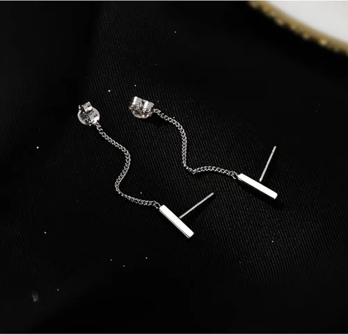 Vista 6 de Reffeer Solid 925 Sterling Silver Bar Chain Dangle Earrings Drops for Women Bar Drop Earrings Chain Studs