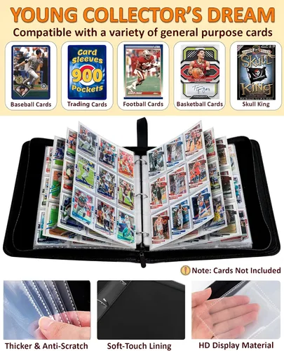 Vista 3 de Carpeta de Tarjetas de Fútbol Americano 900 Bolsillos, 50 Fundas Carpeta Grande de Fútbol Americano 3 Anillos con Cremallera Porta Tarjetas