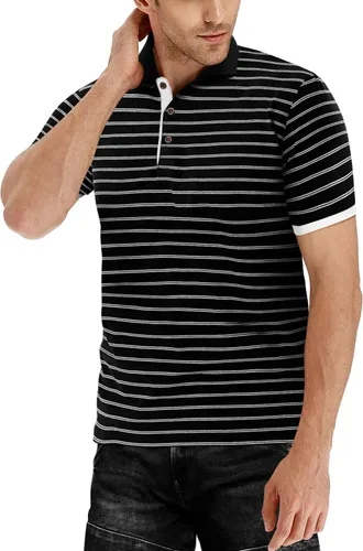 Vista 4 de MLANM Polo para hombre de manga cortalarga, informal, ajustado, diseño básico, a rayas, de algodón
