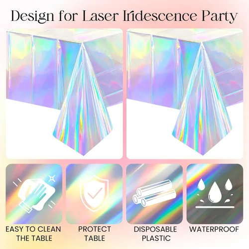 Vista 6 de Mantel holográfico iridiscente de 54 x 108 pulgadas, de plástico brillante con láser, para fiesta de cumpleaños, impermeable, para Navidad, boda