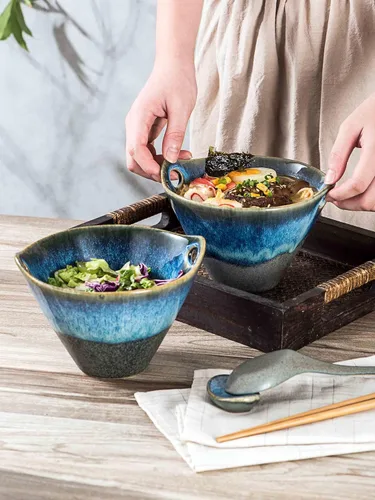 Vista 4 de Henten Home Juego de 2 cuencos de ramen de 20 onzas, cuencos de cerámica japoneses para fideos, cuencos profundos de porcelana con palillos