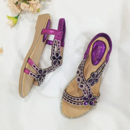 Vista 5 de Sandalias planas para mujer con tiras en T, cuentas de diamantes de imitación y flores de diamantes de imitación, sandalias para llevar con vestido