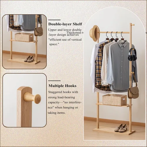 Vista 3 de SOBIBO Perchero de madera maciza con estantes y ganchos, perchero para ropa con almacenamiento para pasillo, dormitorio, sala de estar, 15.75