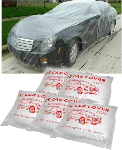 Vista 5 de Paquete de 2 fundas desechables de plástico transparente para automóvil, cubierta universal de lluvia y polvo para garaje con banda elástica, grande