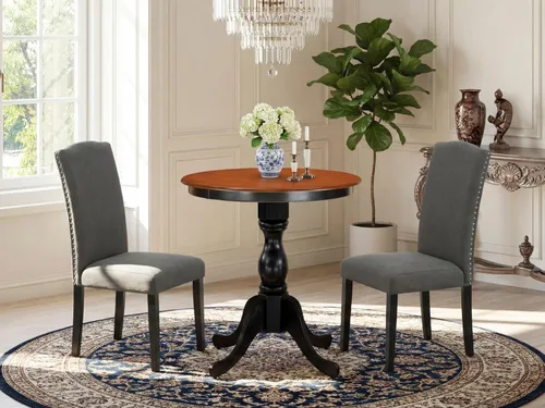 Vista 2 de East West Furniture ESEN3-BCH-20 - Juego de mesa y sillas de cocina de 3 piezas contiene una mesa redonda de comedor con pedestal y 2 sillas Parsons