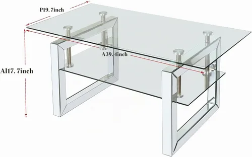 Vista 2 de Mesa de café moderna de vidrio para sala de estar, oficina, mesa de centro rectangular de 2 niveles de 39.4 pulgadas con patas espejadas, mesa