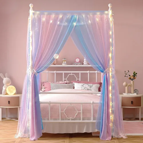 Vista 6 de Homkdom Twin Canopy Bed Frame with Storage Headboard,Noise-Free,White