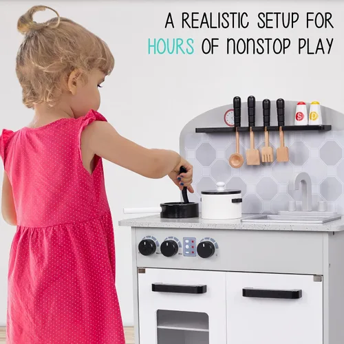 Vista 6 de Lil' Jumbl Estación de Juego de Cocina de Simulación para Niños, Juguete de Cocina de Madera, Configuración Realista, Incluye Olla y Sartén, 4