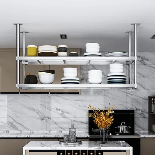 Vista 4 de Shelves Whftd 304 Stainless Steel Hanging Shelf，2 Layer European Floating Decorative Shelves，Storage Display Restaurant Racks for Kitchen Restaurant