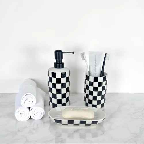 Vista 6 de Dispensador de jabón de manos, dispensador de jabón de baño con bomba de acero inoxidable, botellas de loción de loción de cerámica en blanco y Negro