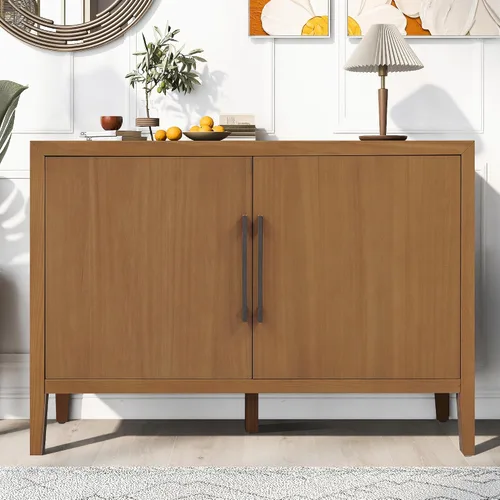 Vista 9 de Merax Aparador de buffet de madera rústica moderna con estante de almacenamiento, 2 puertas, cafetería, bar, soporte de TV para dormitorio, sala