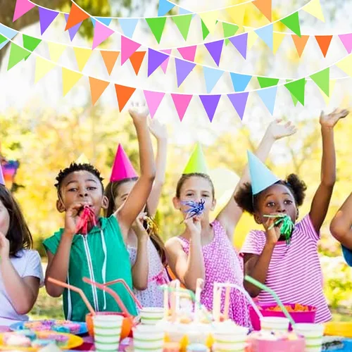 Vista 7 de Kit de decoración de fiesta de arcoíris de 32 pies de tela colorida triangular, banderines de banderines de algodón para cumpleaños, boda, baby