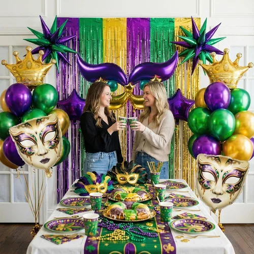 Vista 3 de Kit de arco de guirnalda de globos de Mardi morado, verde y dorado con cortina de flecos, máscara de corona de estrella y globos de máscara