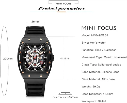 Vista 6 de MF MINI FOCUS Watch Wristwatch Fashion Hollow Big Dial Luminous Waterproof Sport Analog Quartz Business Mens Watches Silicon Strap Dress Watch