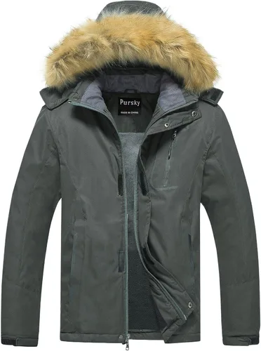 Vista 7 de Pursky Chaqueta de esquí impermeable para hombre, abrigos de nieve de invierno, abrigos con capucha de piel, parka