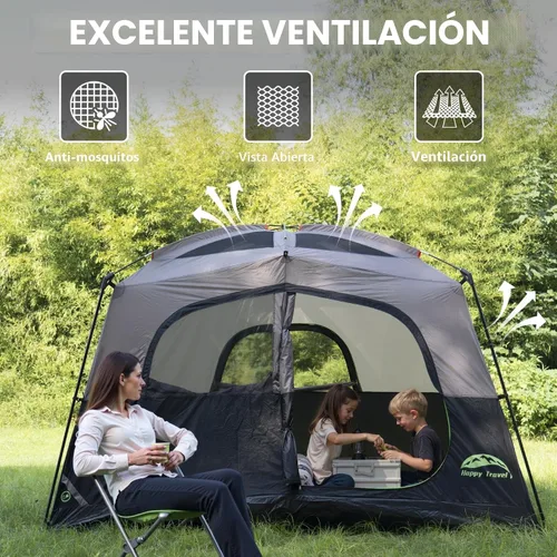Vista 4 de Happy Travel Tent 6 Person Tents for Camping, Waterproof Easy Setup Camping Tent with Rainfly, Portable Large Family Cabin Tent with 5 Large Mesh