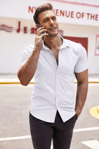 Vista 4 de COOFANDY Camisas de vestir para hombre, sin arrugas, manga corta, casual, con botones