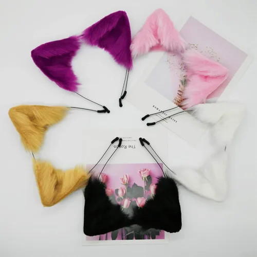 Vista 6 de Dolmtop Diadema hecha a mano con orejas de perro de gato, zorro, lobo, accesorios de disfraz para Halloween y Navidad