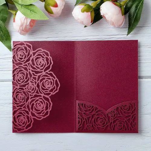 Vista 10 de Página interior personalizada, cortada con láser, bolsillo para tarjetas de invitaciones de boda con sobre para fiesta de cumpleaños, invitación