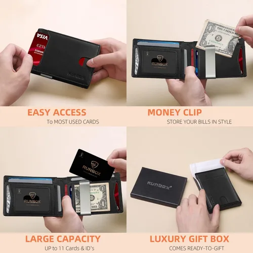 Vista 95 de RUNBOX - Carteras delgadas para hombre, cartera de piel con pinza para el dinero, cartera de bolsillo frontal con bloqueo RFID, tarjetero