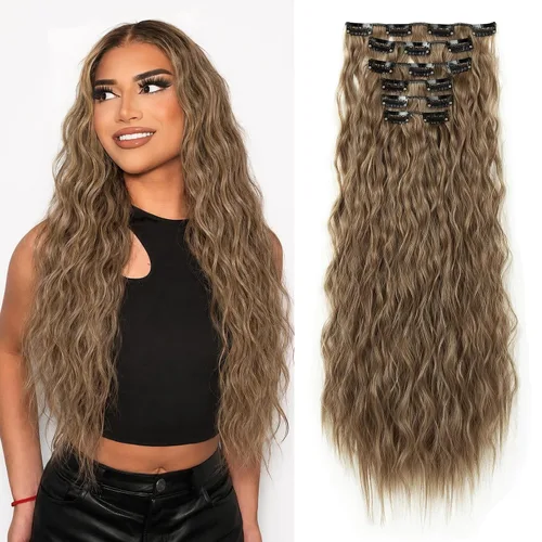 Vista 12 de Extensiones de cabello con clip, 6 unidades, extensiones de cabello largas con ondas de sirena, sintético, postizo para mujer, 24 pulgadas
