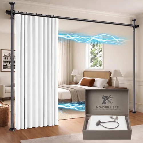 Vista 12 de Juego de cortinas divisoras de habitación, sin taladro, con barra retráctil, sin herramientas, para dormitorio, color beige, 100 pulgadas de ancho x
