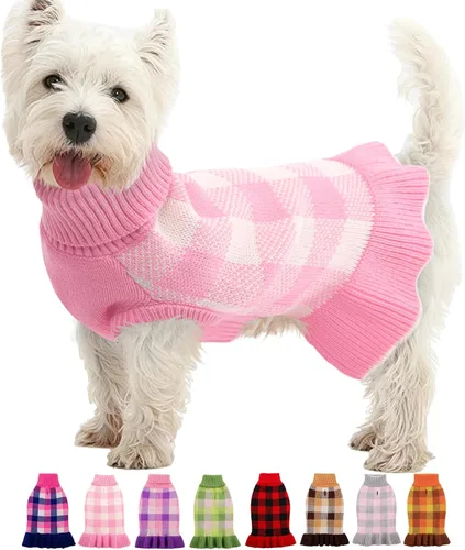 Vista 12 de Vestido suéter para perro, ropa de punto a cuadros para perros pequeños y medianos, cálido pullover de cuello alto elástico para cachorro y mascota