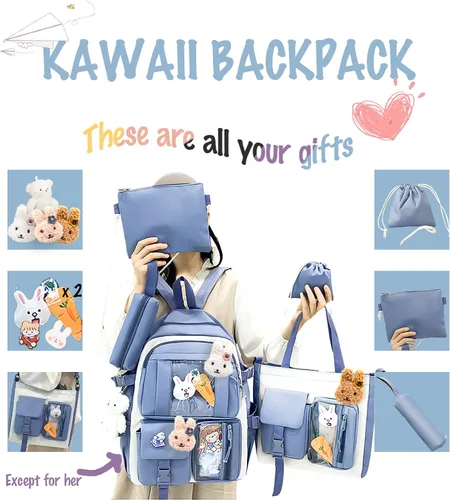 Vista 7 de TEMI 5 piezas de suministros para el regreso a clases mochila kawaii para mochila escolar bonita mochila para niña lindo bolso de mano accesorios