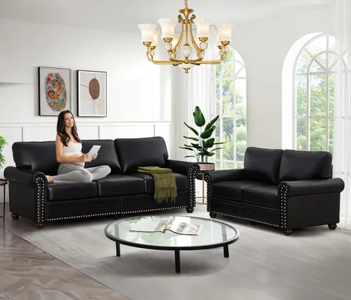 Vista 10 de Antetek Juego de sofá de piel sintética de 3 piezas, sillón moderno de mediados de siglo+sofá biplaza+sofá de 3 plazas con espacio de Marrón