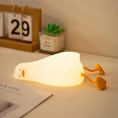 Vista 6 de Linda lámpara de pato, divertida luz nocturna de pato plano acostado, lámpara LED blanda novedosa de animales, luz nocturna para bebés pequeños