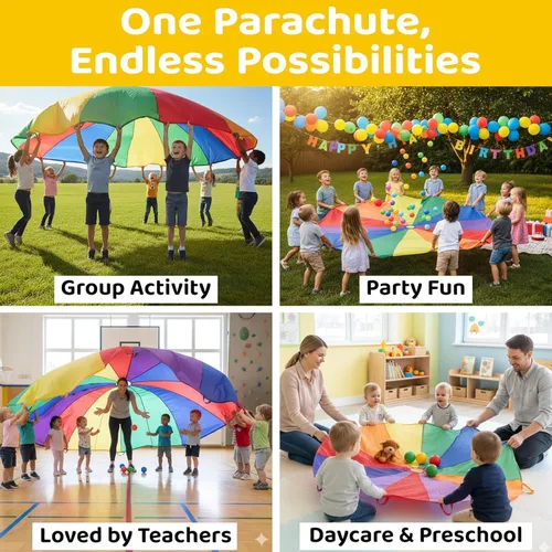 Vista 5 de GSi Paracaídas de juego para niños, paracaídas arcoíris, juego de tienda de campaña para niños, para gimnasia, juego cooperativo y actividades