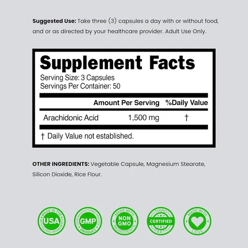 Vista 6 de Suplemento de ácido araquidónico de 1500 mg (150 cápsulas), suplemento muscular y de fuerza para masa muscular y recuperación para hombres