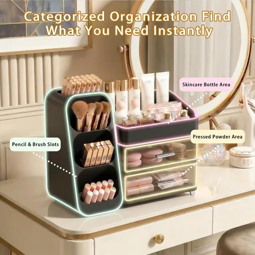 Vista 4 de Organizador de maquillaje de gran capacidad con soporte para brochas de maquillaje para tocador, material grueso, organizador de encimera de baño