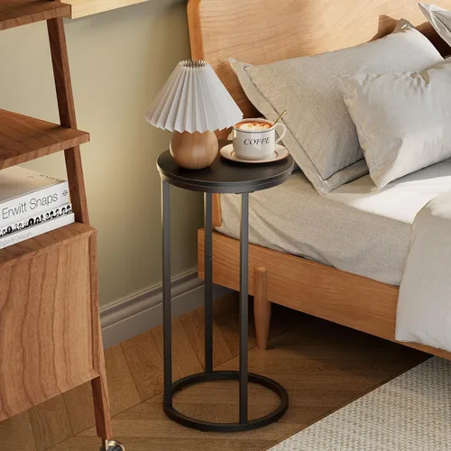 Vista 7 de Mesa auxiliar en forma de C, mesa auxiliar redonda de madera para sofá, mesa de sofá pequeña con marco de metal para dormitorio, sala de estar