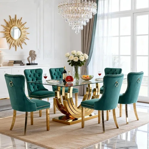 Vista 32 de SSLine Mesa de comedor de cristal dorado de 70 pulgadas para 4-6, base de Mesa de oro floral