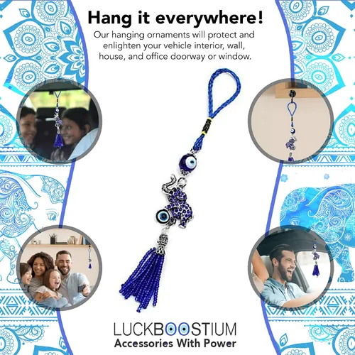 Vista 6 de LUCKBOOSTIUM Llavero de elefante de ojo malvado con borla de cuentas azules, dije decorativo para auto de mal de ojo y accesorio para colgar