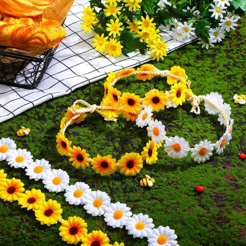 Vista 7 de WILLBOND 8 diademas de girasol para mujer, corona, margarita, flores, corona, ajustable, floral, para novia, para fiestas hippie, bodas, festivales