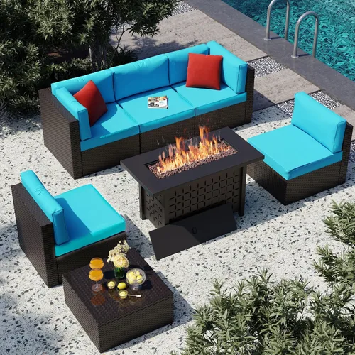 Vista 12 de Vongrasig Juego de 6 muebles de patio pequeños, sofá modular de mimbre de polietileno para todo tipo de clima, sofá seccional para exteriores